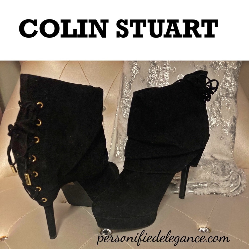 NEW Colin Stuart Black Faux Suede Corset Back Platform Ankle Boots Size 11B